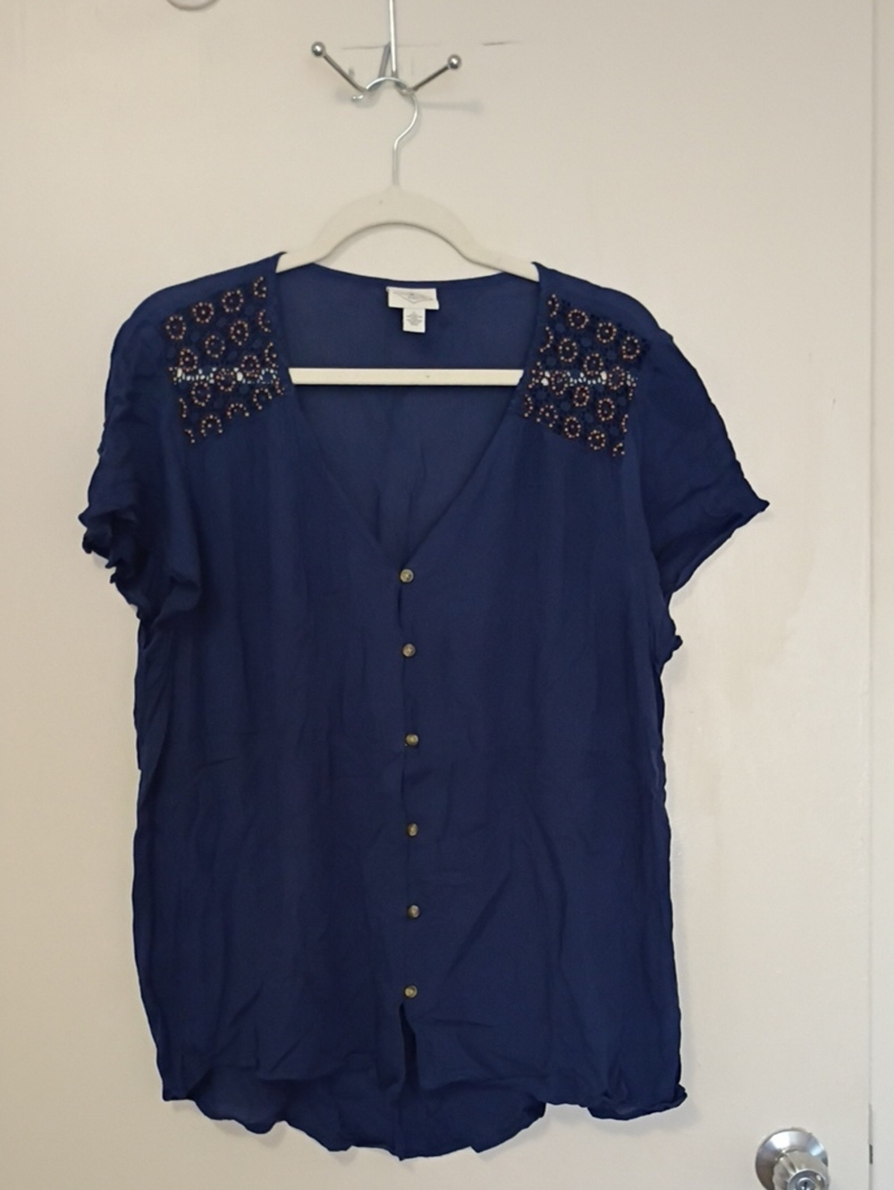 St. John's Bay Navy Short-Sleeve Button Front Blouse with Beaded Shoulders